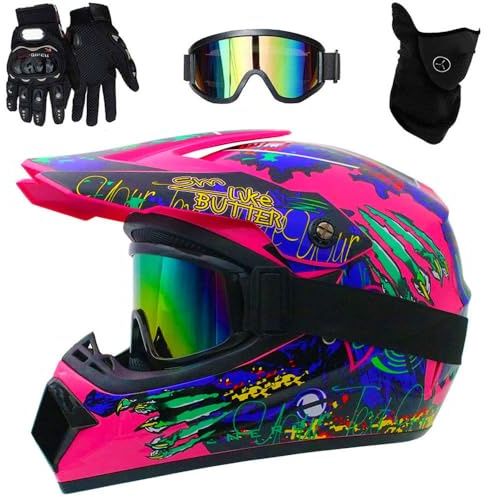 Casque de Motocross, Casque IntéGral DOT Pour Jeunes Enfants, Casque de Moto Tout-Terrain Unisexe Pour Vtt, Dirt Bike, Avec Lunettes, Masque Et Gants(Style 2,M(54-55cm))