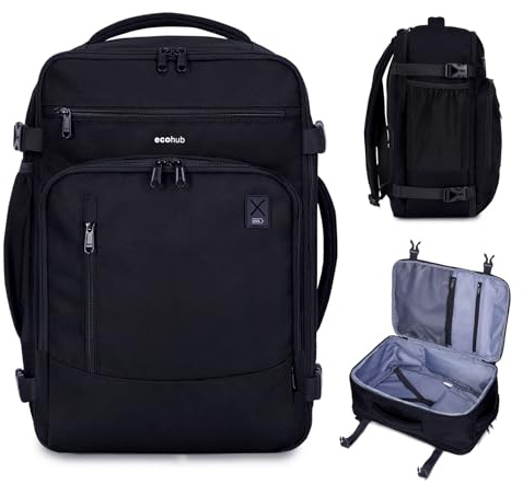 ECOHUB Zaino Ryanair 40x20x25 Bagaglio a Mano 40x20x25 Ryanair Zaino da Viaggio Valigia Bagaglio a Mano Borsa da Viaggio Borsa tote ecologica in PET riciclato da 20 litri,Brevettato, Nero