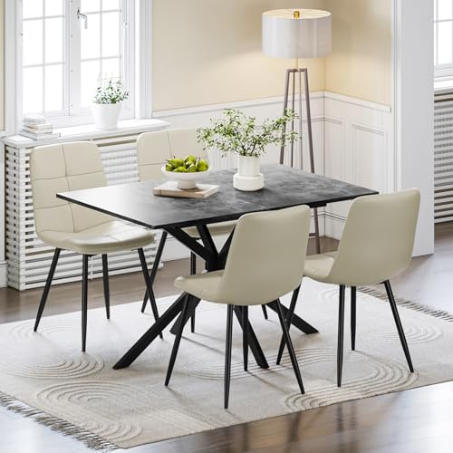 Luxstein Extendable Dining Table and Chairs Set 4, 120-160cm Concrete Effect Table with 4 Beige Upholstered PU Leather Chairs for Dining Room, Kitchen