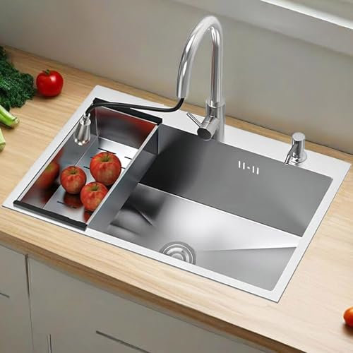 Fregadero bajo Encimera de cocina 80x50cm Fregadero individual Sobre encimera grande Acero Inoxidable con grifo extraíble para agua caliente y fría y Cesta escurridora