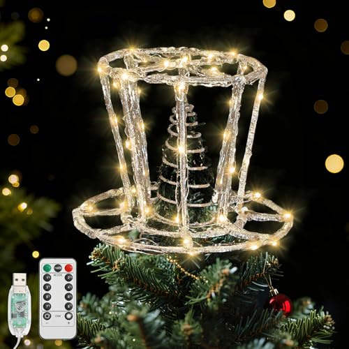 Lewondr Puntale Per Albero Di Natale Cappello, 9.45 Cappello In Resina Con 40 LED, Timer 6H & 8 Modalità USB Telecomando, Puntale Per Decorazione Natalizia Da Interno, Argento