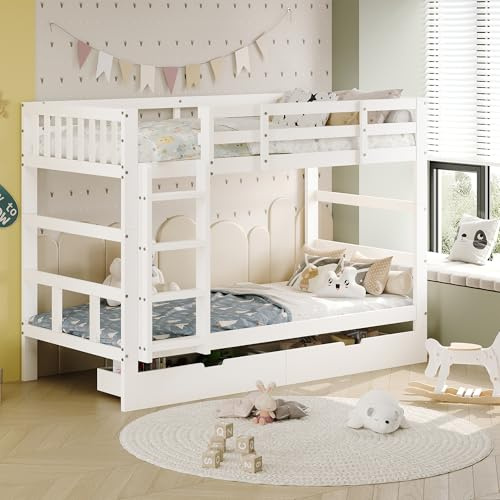 Ptueer Kinderbett 90x200 Mit Rausfallschutz, Kinder Etagenbett 90x200 cm, Niedriges Etagenbett Mit Leiter Und Lattenrost, 2 Holz Schubladen, Hochbett Etagenbetts, Kann in Zwei 90x200 Bett, Weiß