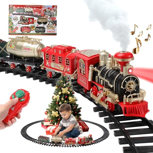 Juego de tren de árbol de Navidad, tren para alrededor del árbol de Navidad, juguete de tren de tren eléctrico, luz y sonidos y juguete de tren de pulverización debajo de árboles de Navidad, regalos