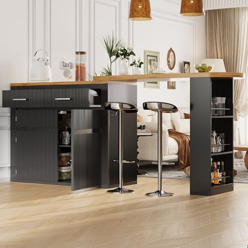 A ALFRESCOOL Ausziehbarer Bartisch mit Stauraum(137-215×39×102.3cm), Beweglicher Sideboard, Teleskopischer Bartisch mit Einer Schublade und Zwei Regalen, Hochtisch Kücheninsel, Theke(schwarz)