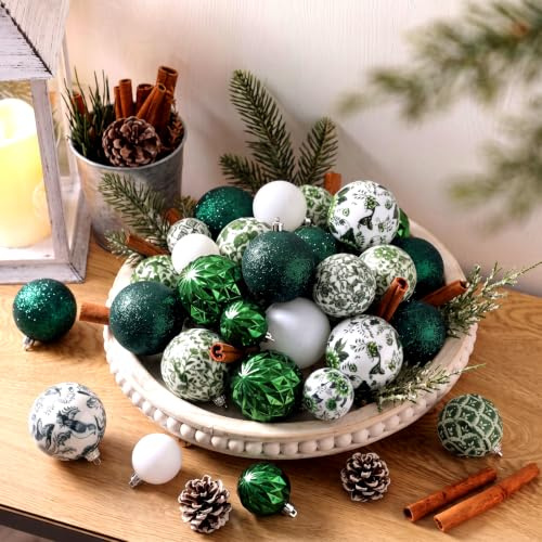 VioraWhite 18 Pcs Chinoiserie Christmas Ornaments Plastic Blue and White Chinoiserie Ball Christmas Porcelain Balls Hanging Ginger Jar Decor for Xmas Tree Party Basket Home 1.57, 2.36, 3.15''(Green)
