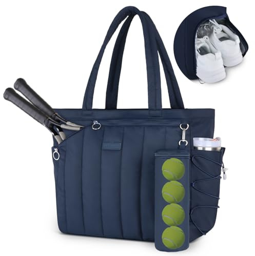 Movker Quilted Tennis Bag for Women & Men, Large Tennis Tote with Shoe Compartment & Waterproof Wet Pocket, Fits 2-4 Rackets & 15.6 Laptop, Lightweight Gym Duffle Sports Bag with Fence Hook(Navy)