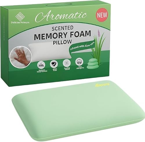 Luxury Aloe Vera Scented Memory Foam Pillow – Premium Comfort with Breathable & Hypoallergenic Cooling Fabric, Aromatherapy Relaxation, Orthopaedic Neck Support for Side & Back Sleepers