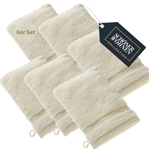 Schöner Wohnen, set di 6 guanti da bagno in spugna di alta qualità, 16 x 21 cm, assorbenti 500 g/m², di lusso bianco, 100% cotone, soffici per il corpo dei bambini, set di asciugamani combinabili