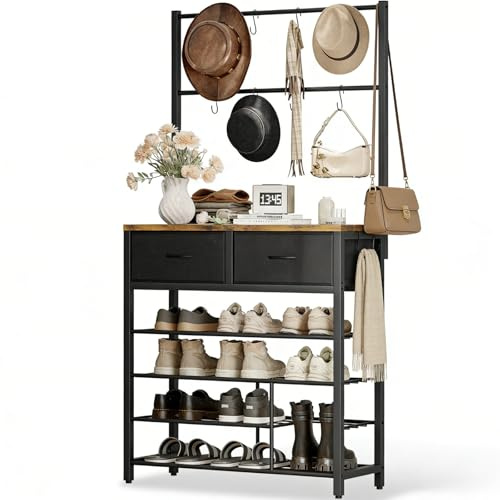 Gyfimoie Shoe Rack,4 Tier Shoe Storage with 2 Non-Woven Drawers & Metal Shelves,Shoe Stand for 10-12 Pairs of Shoes,Shoes Shelf for Entryway,Living Room,Hallway(70x32x165cm)-Rustic Brown and Black
