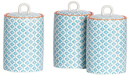 Nicola Spring Patterned Kitchen Canisters - 1 Litre - Pack of 3 - Blue Porcelain Hand Printed Kitchen Storage Jar Airtight Biscuit Barrel for Biscuits, Oats, Tea, Coffee