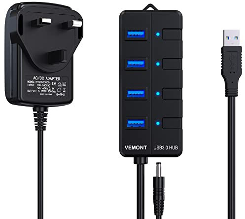 Powered USB Hub 3.0,VEMONT 4 ports USB Hub with 5V/3A Power Supply,Superspeed 5Gbps USB Splitter with Individual on/off LED Switches and 3.9ft/1.2m Long Cable for PC/Laptops/Ultrabooks/Desktops