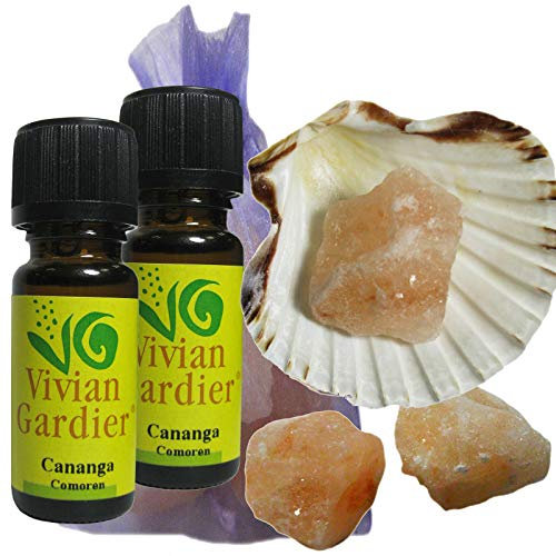 Cananga ätherisches Öl naturrein 2 x 10ml aus kontrolliertem Anbau. 7 teiliges Aromatherapie Duft Set mit Muschel + 3 Salz Kristalle zum Beduften + Säckchen. 50021