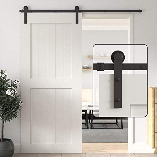 WINSOON Sliding Door Track Barn Door Sliding Kit Single Wood Doors Hardware Closet Track Kit, Frosted Black Carbon Steel I Shape Hanger, 150cm