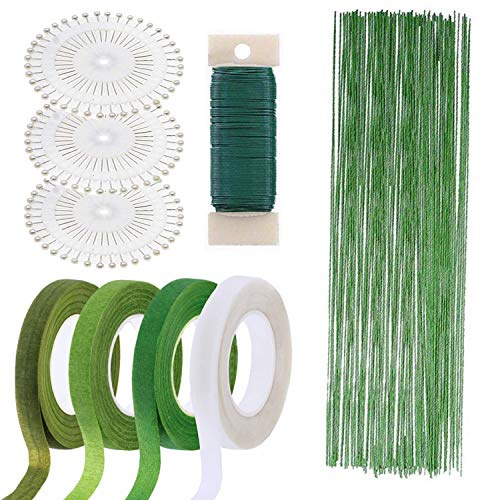 Woohome 7 Stück Blumen Arrangement Tool Kit 1.2CM Floral Kreppband, 22 Gauge Grün Floral Wire, 26 Gauge Grün Blumenstamm Draht und Kugelkopf Pins für Blumen DIY, Wohnkultur, Hochzeitsdekor