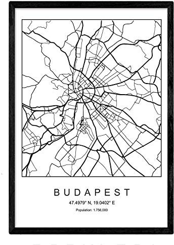 Tryck Budapest stadskarta nordisk stil svart och vit. Affisch A4 tryckt papper nr 250 g Målningar, tryck och affischer för vardagsrum och sovrum