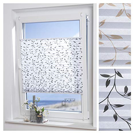 ourdeco® Plissee Filigran / 60 x 130 cm (Breite x Höhe) / Stoff: weiß, Muster: schwarz/lichtdurchlässig, gedrucktes Motiv Blätter/Klemmen=Montage ohne Bohren=Smartfix=Klemmfix-Plissee=Easy-to-fix