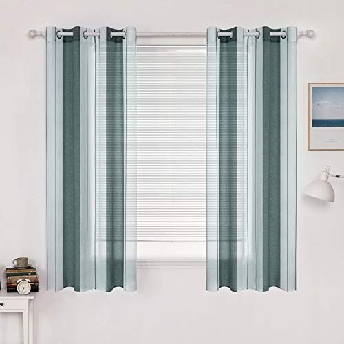 MIULEE Voile Gardinen Grün-Weiß mit Ösen 2er Set 140x175 cm | Halbtransparenter Voile mit Streifenmuster für Wohnzimmer, Schlafzimmer und kleine Fenster.