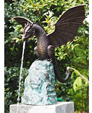 IDYL Bronze-Skulptur Drachen-Brunnen mit Felsen | 63x50x40 cm | Wasserspeier aus Bronze handgefertigt | Gartenskulptur | Teich-Dekoration | Hochwertiges Kunsthandwerk | Wetterfest