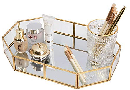 SLHEQING Spiegeltablett Gold Deko Tablett Vintage Make up Organizer, Verlobungstablett Metall Kosmetiktablett Schminktisch Organizer
