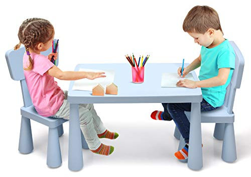 COSTWAY 3 TLG. Kindersitzgruppe, Kindertischgruppe, Kindertisch mit 2 Stühlen, Kindermöbel aus Kunststoff, Kinder Tischset für Kindergarten und Kinderzimmer (Blue)