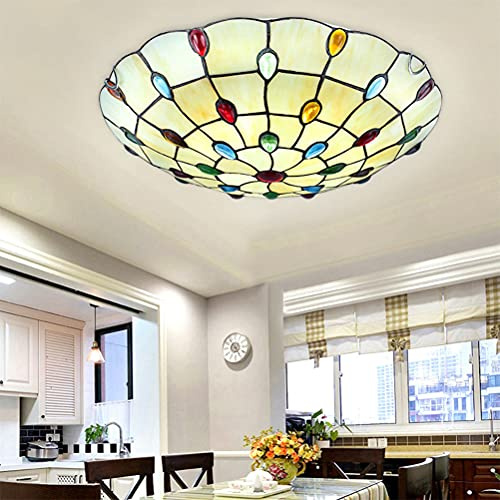 OOWOKS Retro Deckenlampe Schlafzimmer Deckenleuchte E27 Tiffany Lampe Wohnzimmerlampe Mit Runde Bunt Juwel Glas Lampenschirm, Klassische Deckenbeleuchtung Flurlampe Decke Esszimmer Lampe