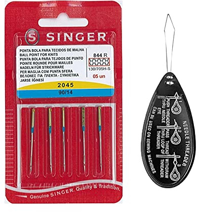 Singer Ball Point Stretch 2045 - Agujas para máquina de coser, paquete de 5, tamaño 90/14, incluye enhebrador de agujas grande