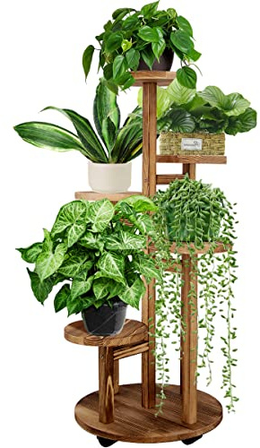 GEEBOBO 5 Tiered Tall Plant Stand for Indoor, Wood Plant Shelf Corner Display Rack, Multi-tier Planter Pot Holder Flower Stand for Living Room Balcony Garden Patio (Brown)