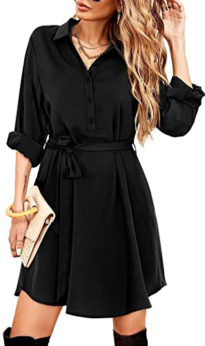 Beluring Women's Long Sleeve Lapel Dresses with Pocket Casual Elegant Solid Color Dress Black Size 18 20