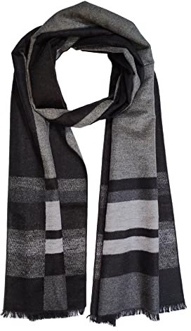 SEABRIGHT Schal 100% Seide Seidenflanell Seidenschal Flauschig Warm Dick SC-S-SD-2108-1 Patchwork Schwarz Grau Streifen