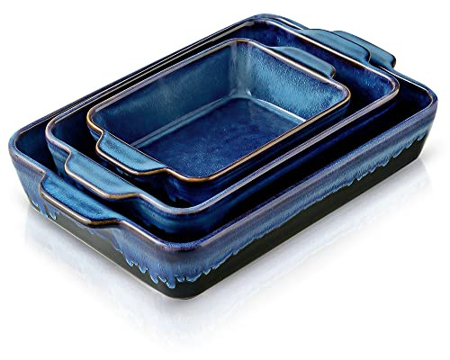 KOOV Bakeware Set, Ceramic Baking Dish, Rectangular Casserole Dish, Lasagna Pan, Baking Pans for Cooking, Cake Dinner, Kitchen, 9 x 13 Inches, Reactive Glaze 3-Piece (Nebula Blue)