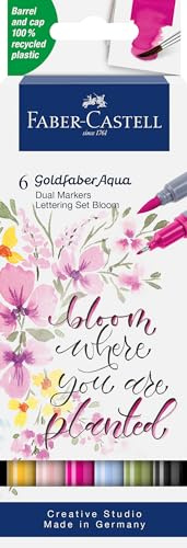 Faber-Castell - Goldfaber Aqua Dual Marker Lettering, 6 Farben | Wasservermalbare Dual Marker mit Pinselspitze und Fineliner für Aquarellmalerei und Lettering