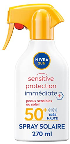 NIVEA SUN Spray solaire Sensitive Protection Immédiate Peaux Sensibles FPS 50+ (1 x 270 ml), Protection anti UV non grasse et sans parfum, Crème solaire résistante à l’eau