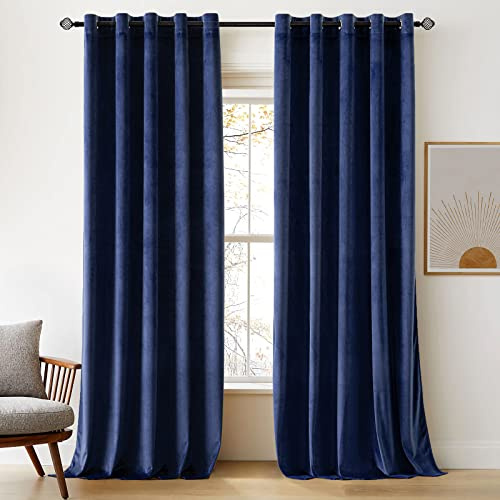 Woaboy Velvet Curtains 90 Drop Navy Blue Curtain for Living Room Thermal Blackout for Bedroom Luxury Eyelet Drapes Soft Window Treatment Insulated Soundproof & Room Darkening W 66 x L 90 2 Panels