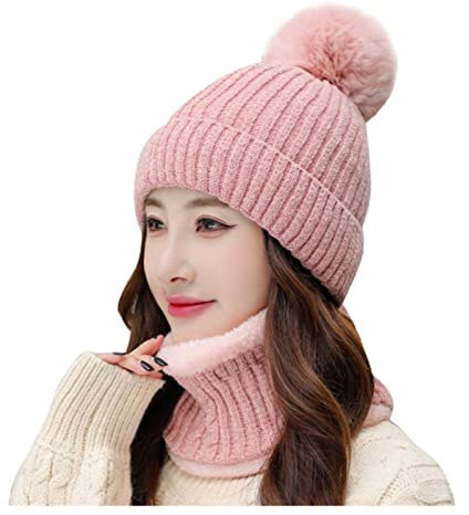 Unbekannt Damen Mütze Winter Warm Weichem Innenfutter Strickmütze Damen Mütze Gefüttert Fell-Bommel Kunstfell Wintermütze Bommelmütze Grobstrick Damen Strickmütze Strick-Beanie Mit Fell-Bommel
