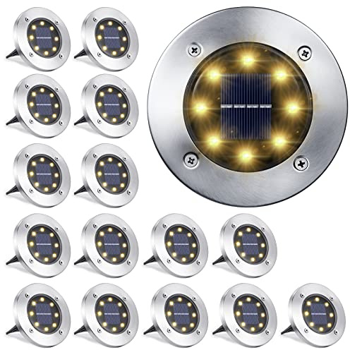 LYHOPE Solar Ground Light Outdoor, 16 Pack 8 LED Solar Disk Lights Waterproof Garden In-ground Pathway Lights Landscape Lighting for Lawn,Yard,Deck,Patio,Walkway (Warm White)
