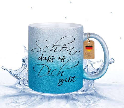 Druckerino Glitzertasse - Schön, dass es Dich gibt - Tasse mit Glitzer - tolle Geschenkidee - Geschenk Freunde (Blue)