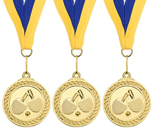 PATIKIL 3 Stück 2 Tischtennis Award Medaillen Goldmedaille Blau Gelb | Mit Band, Für Spiele Sportwettbewerbe, Tischtennis Medaillen