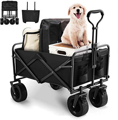 Aunoutism Camping Trolley Collapsible Garden Wagon with Brake Big Wheels Beach Cart Max Capacity 100kg Folding Cart Trolley for Festival Shopping Camping Picnic Black