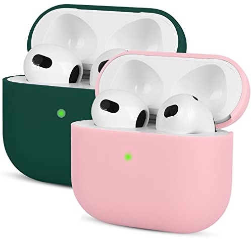 2 pezzi Custodia in Silicone Compatibile con AirPods 3, Mocarheri Ultra Sottile in Premium Silicone per Airpods 3 Custodia Cover Custodia protettiva in silicone antiurto, Rosa/Verde scuro
