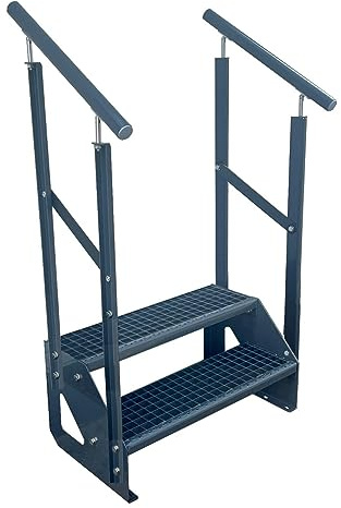 Kaminbau Mierzwa Premium Treppe Freistehend 2 Stufen Anthrazit beidseitigem Geländer (Breite 1200 mm) (Höhe 38cm) Wetterfest Gitterroststufe Gartentreppe