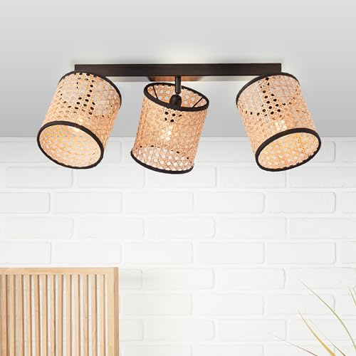 Lightbox 3 flammiger Strahler im Nature Style - Spotbalken mit Rattan Schirme und schwenkbaren Köpfen - 49 cm Breite - geeignet für E14 Fassung - aus Metall/Rattan - in Hellbraun/Schwarz