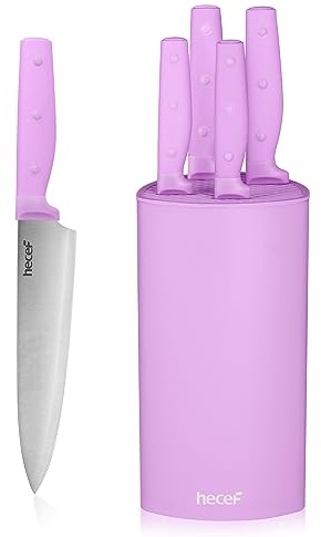 hecef Kitchen Knife Sets with Block, 6 Pieces Purple Kitchen Knives, Stainless Steel Blade with Triple-Rivets Handle, Sharp Knife Block Set for Cooking Purple