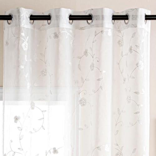DWCN Embroidery Sheer Curtains Flora Design, 2 Panels 52 W x 63 L, White | Net Curtains for Windows Semi Transparent Voile Drapes with Eyelets Window Treatments for Living Room Bedroom