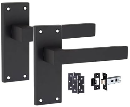 Golden Grace Victorian Straight Delta Door Handles Latch, Matt Black, 1 Set | Complete kit includes 3 ball bearing hinges and a 64mm tubular latch, offering smooth action on internal wooden doors.