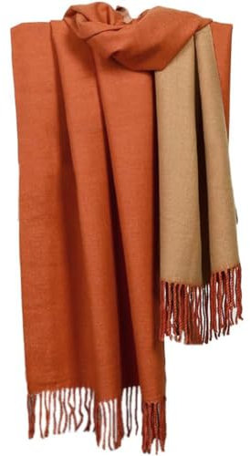 Whakano Schal Damen Warm Kuschelige Winter Doppelseite Schals mit Quasten/fransen,Schals Stola,übergroßer Quadratisch Deckenschal MEHRWEG,200x70cm,Orangerot,Gelb