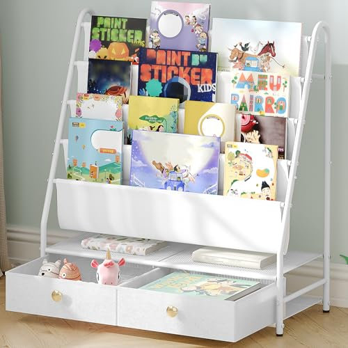 MAHANCRIS Kinder Bücherregal, 4-stöckiges Kinderregal, 28 x 70 x 76 cm, Kinderzimmer Möbel, Spielzeugregal mit 2 Schubladen, Bücherregal Kinderzimmer, für Kinderzimmer, Weiß ABKBW7401