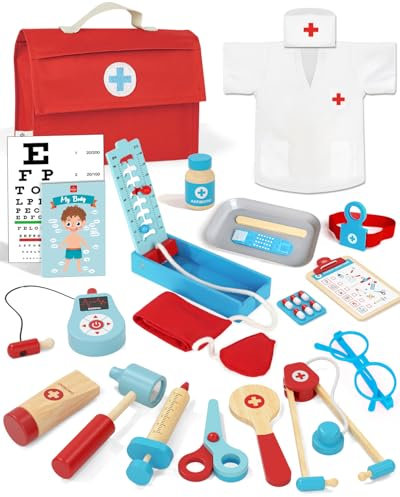 Lehoo Castle Arztkoffer Kinder, Spielzeug ab 3 Jahre, Doktorkoffer Kinder, Arztkoffer mit Arztkittel, Arzt-Kit für Kleinkinder Junge(Blau)
