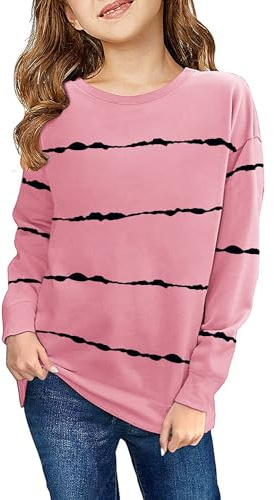 Haloumoning Sweatshirt flickor ränder rund hals barn pullover casual långärmade toppar, ROSA, 7-10 år
