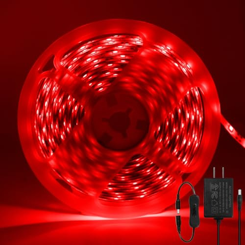 ShineBurky Tira LED 5 Metros Rojo, 12V Luces LED 300LEDs SMD2835 | Luz LED Adhesiva Impermeable IP65 Strip Light Flexible Cocina Interior Exterior Navidad DIY Decoración (mit Adaptador)