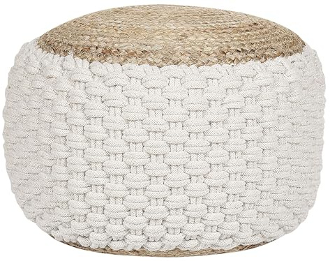 Beliani Pouf ottomano rotondo in maglia boho in cotone e iuta 50 x 35 cm bianco e beige